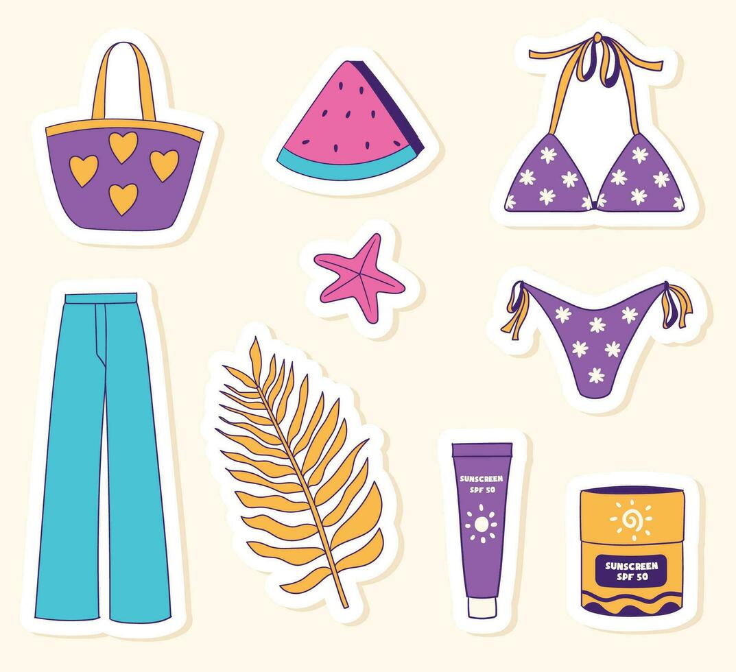 Colorful hand drawn summer stickers collection vector