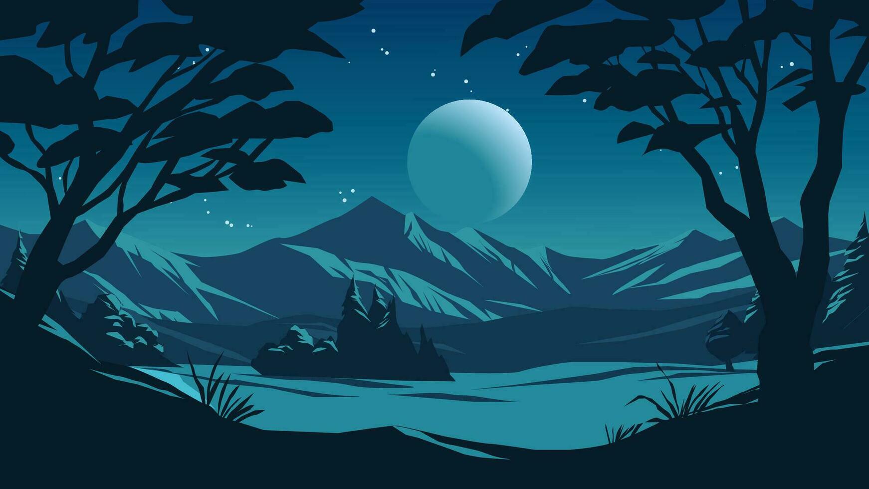 Vector flat night landscape with trees, mountains, moon and stars