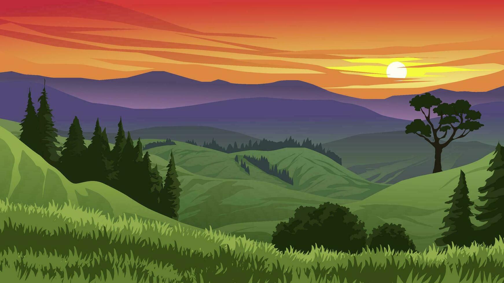 Beautiful sunset in rural countryside with mountains, trees and meadow vector
