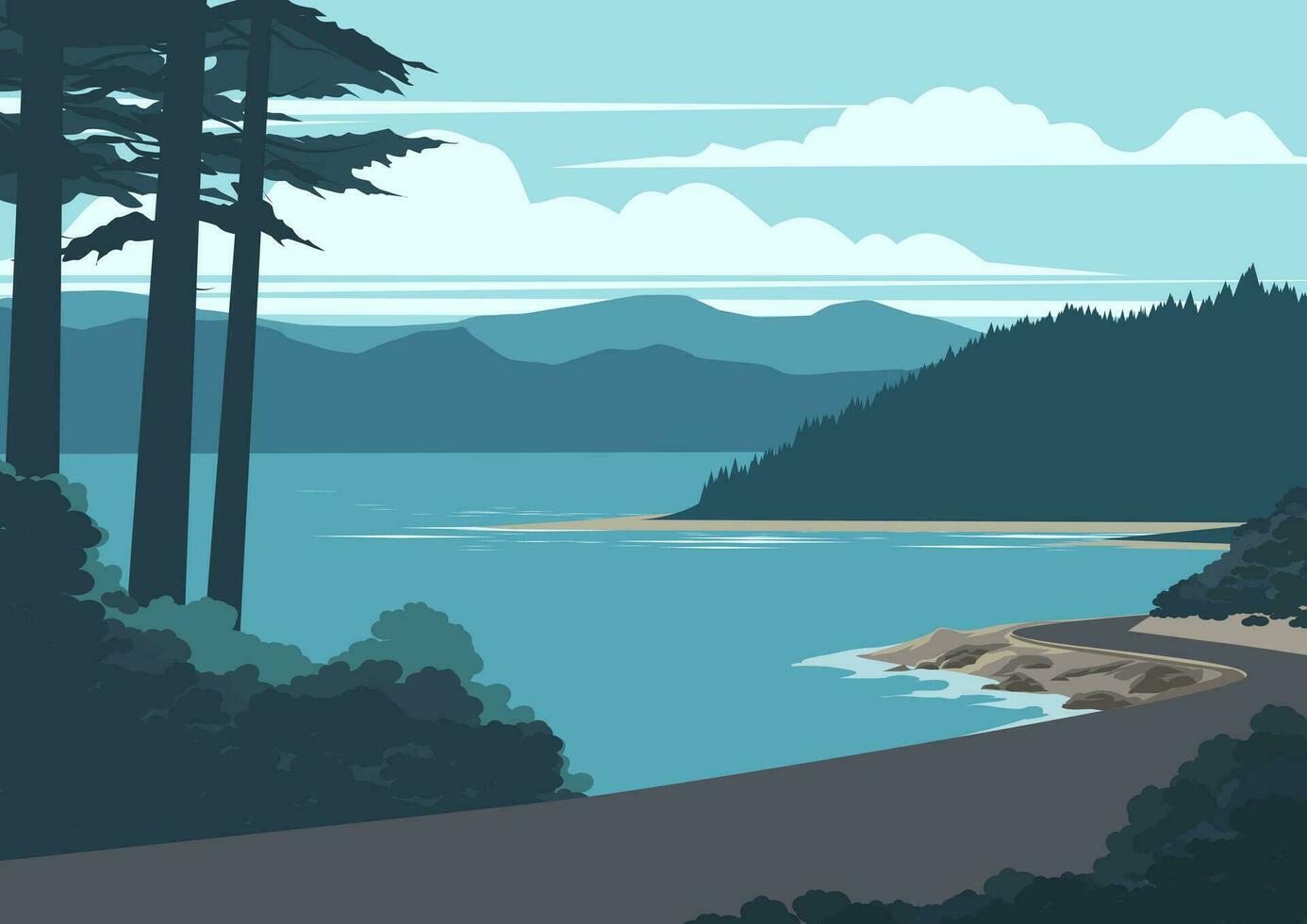 Flat design vector nature landscape with road at lake