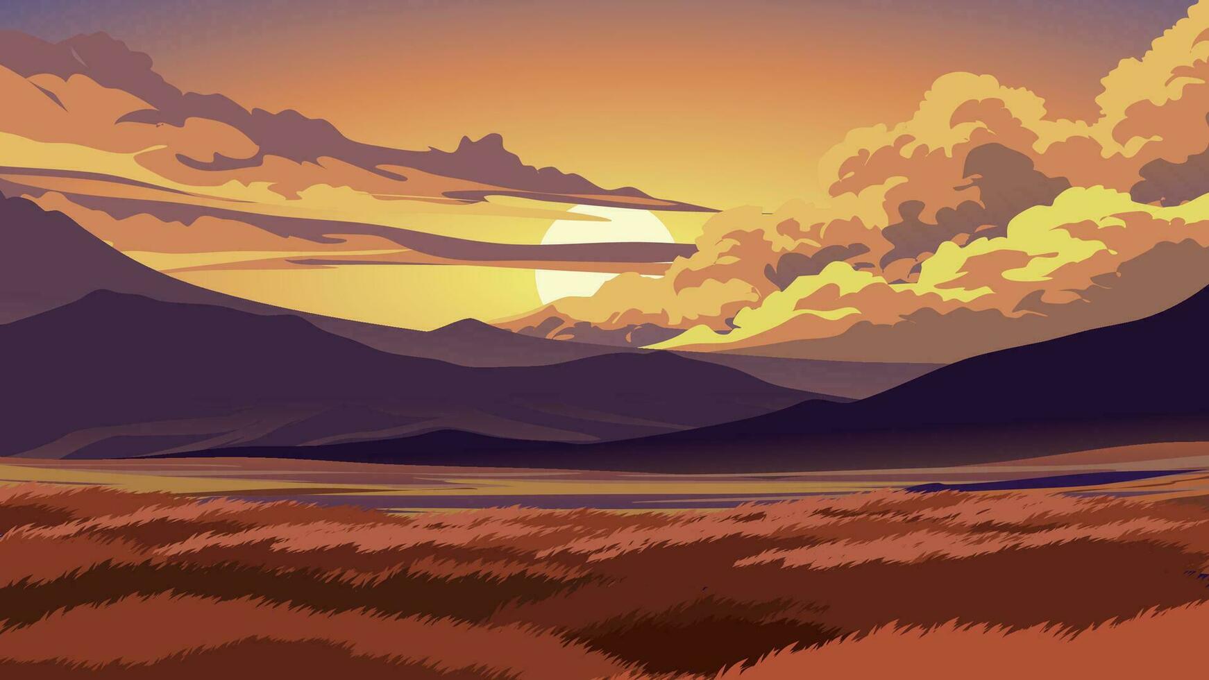 vector ilustración de montaña y campo a puesta de sol