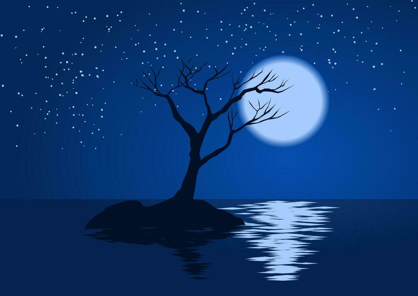 Beautiful simple moonlight night illustration with tree silhouette and stars vector