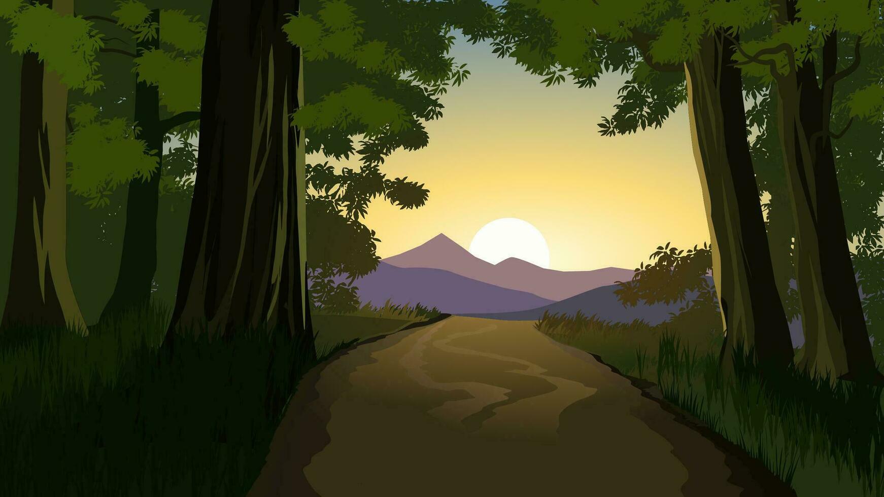 vector puesta de sol ilustración de bosque con sendero y montaña en antecedentes