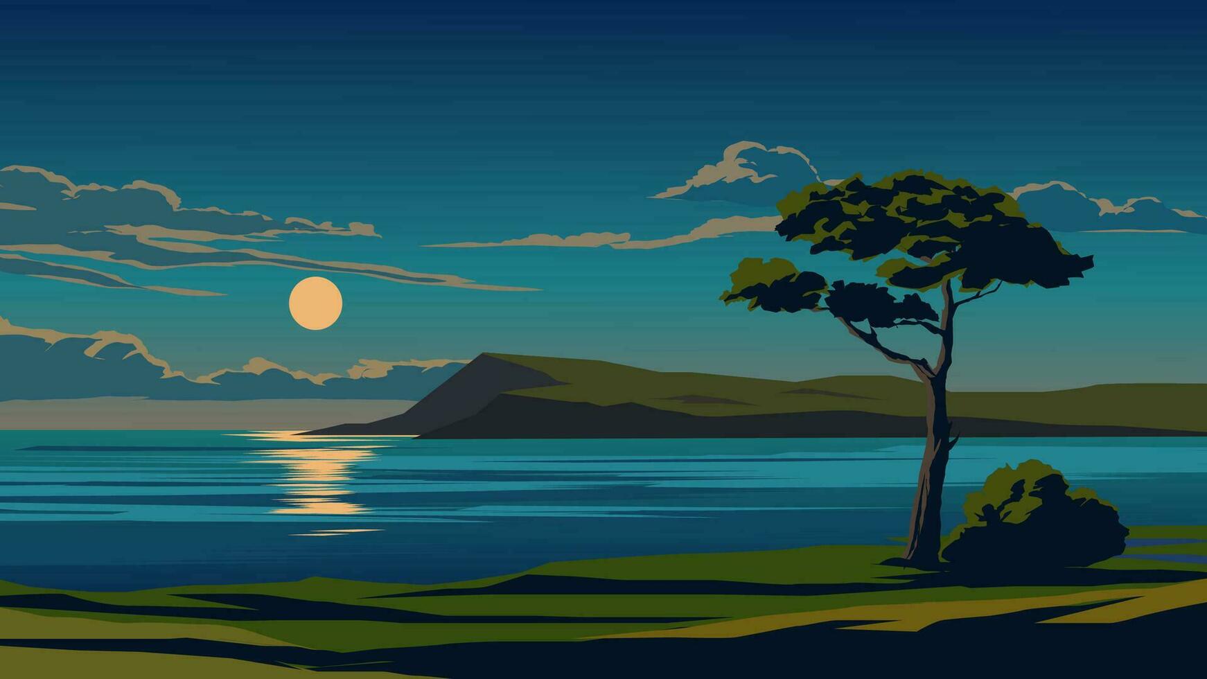 Beautiful calm night landscape at beach with moonlight vector