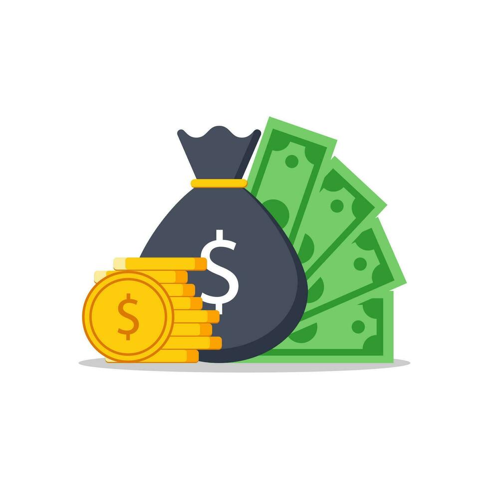 Money like a money bag, stack coins and banknote vector