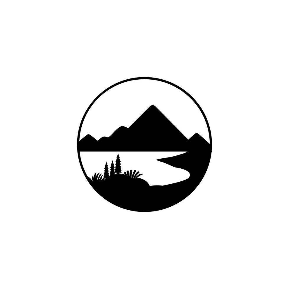 montaña playa logo negro y blanco vector ilustración