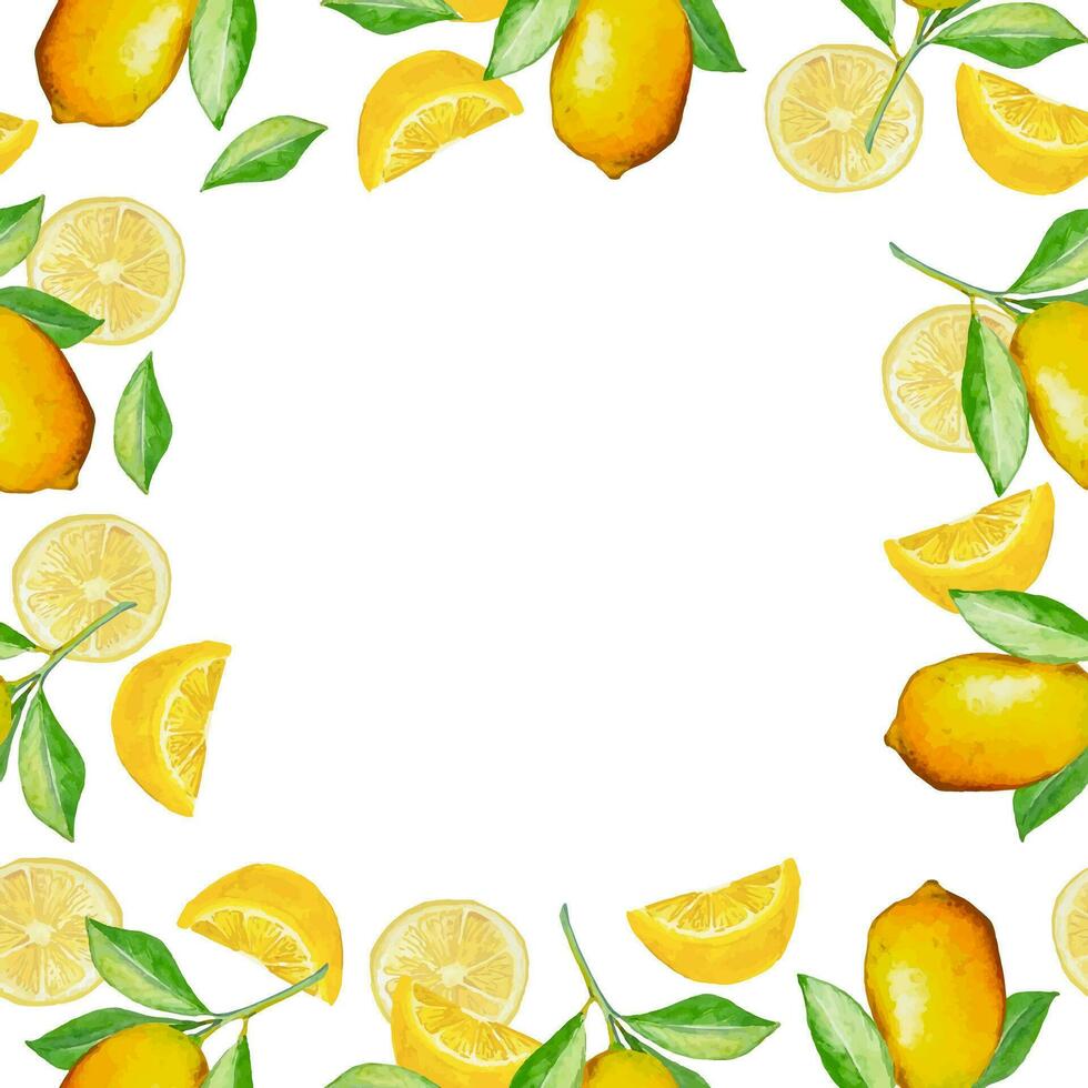 Decoration watercolor frame for napkins, textile with lemons and leaves vector