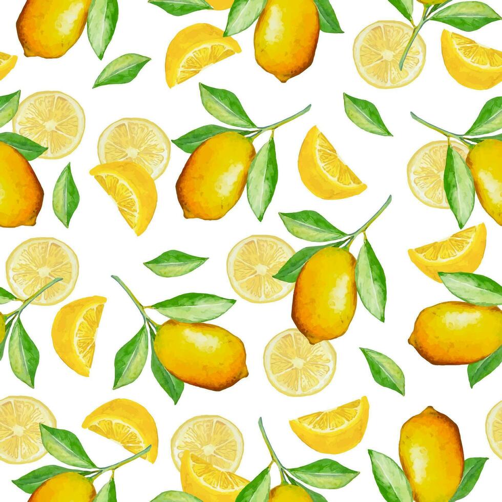 Watercolor seamless pattern with lemons and leaves handdrawn background vector