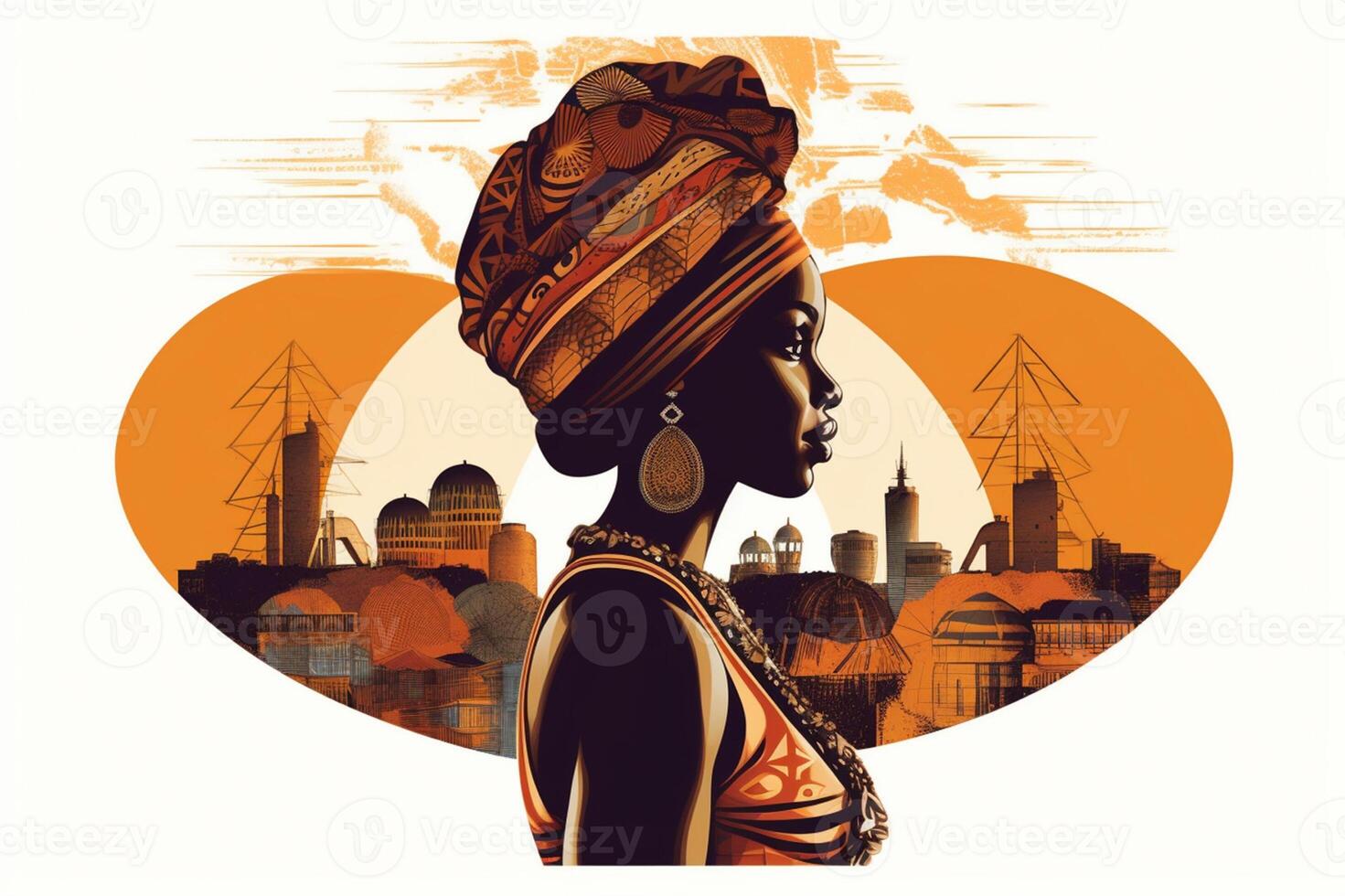 African journey. Woman traveler conceptual illustration. Symbol of Africa. White background banner. photo
