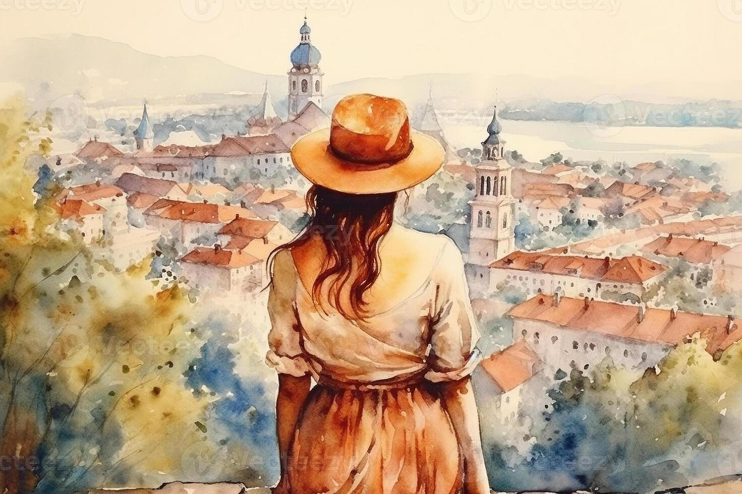 ilustración en un acuarela estilo. hermosa niña en vestir y sombrero mirando abajo a hermosa pueblo desde el colina. visto desde detrás. viaje y relajarse. generativo ai. foto