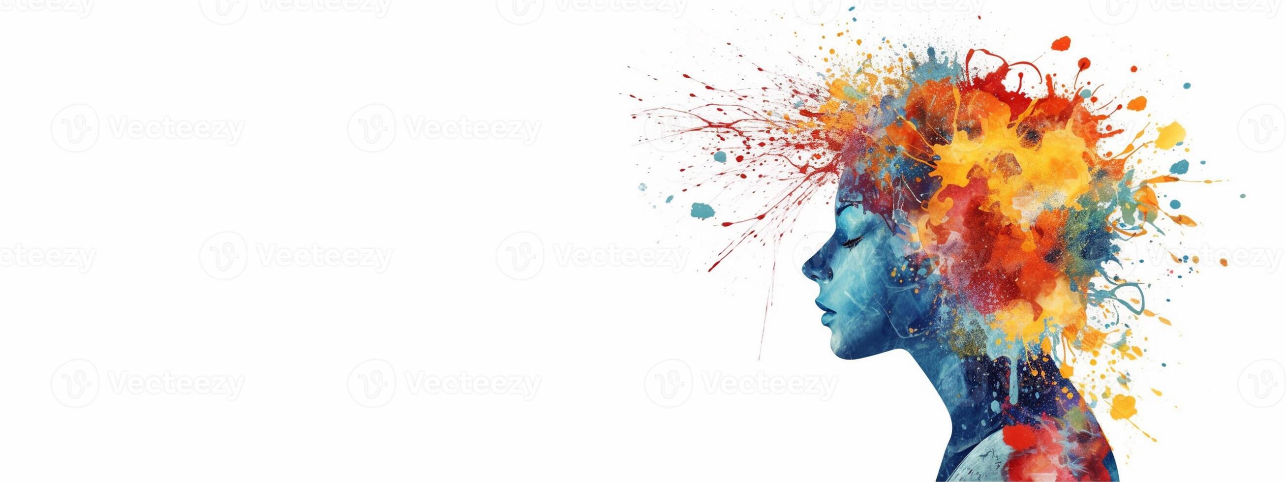 Mental health and creative abstract concept. Colorful illustration of female head paint splatter style. Mindfulness and self care idea. Banner. Copy space. . photo