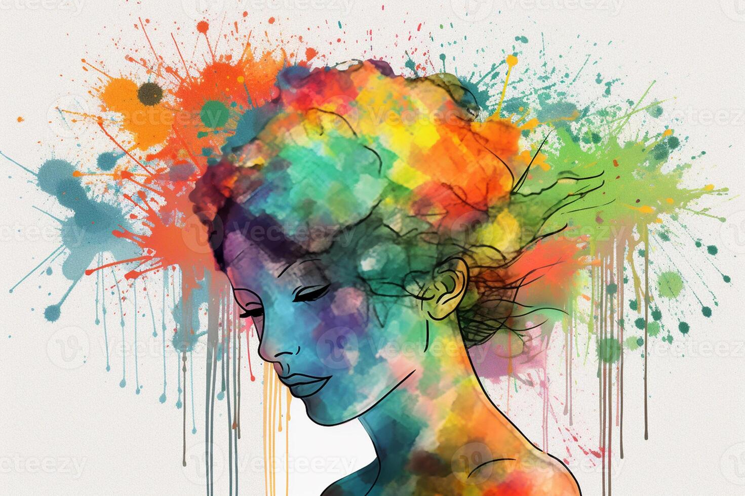 Mental health creative abstract concept. Colorful illustration of feomale head, paint splatter style. Mindfulness and self care idea. White background. . photo