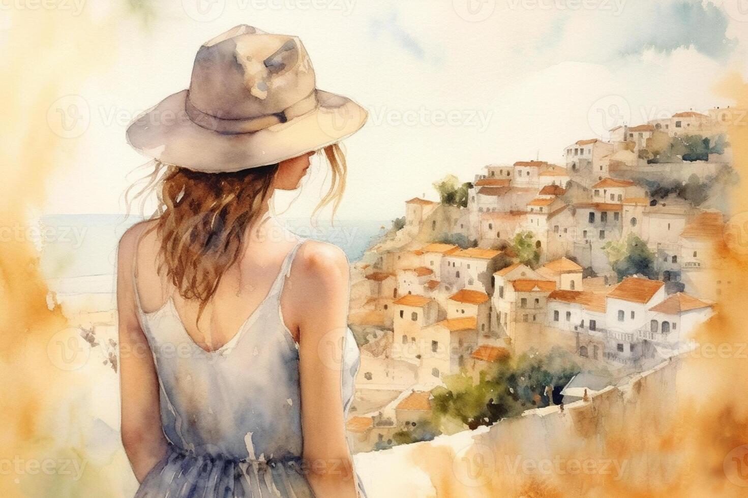 Illustration in a watercolor style. Beautiful girl in dress and hat looking down at beautiful sea town from viewing platform. Viewed from behind. Travel and relax. . photo
