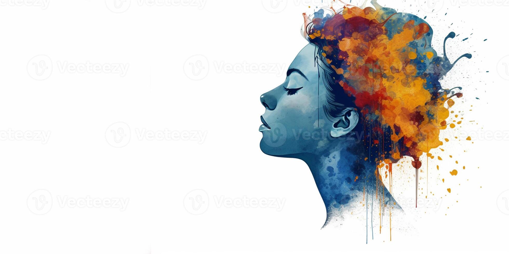 Mental health and creative abstract concept. Colorful illustration of female head paint splatter style. Mindfulness and self care idea. Banner. Copy space. . photo