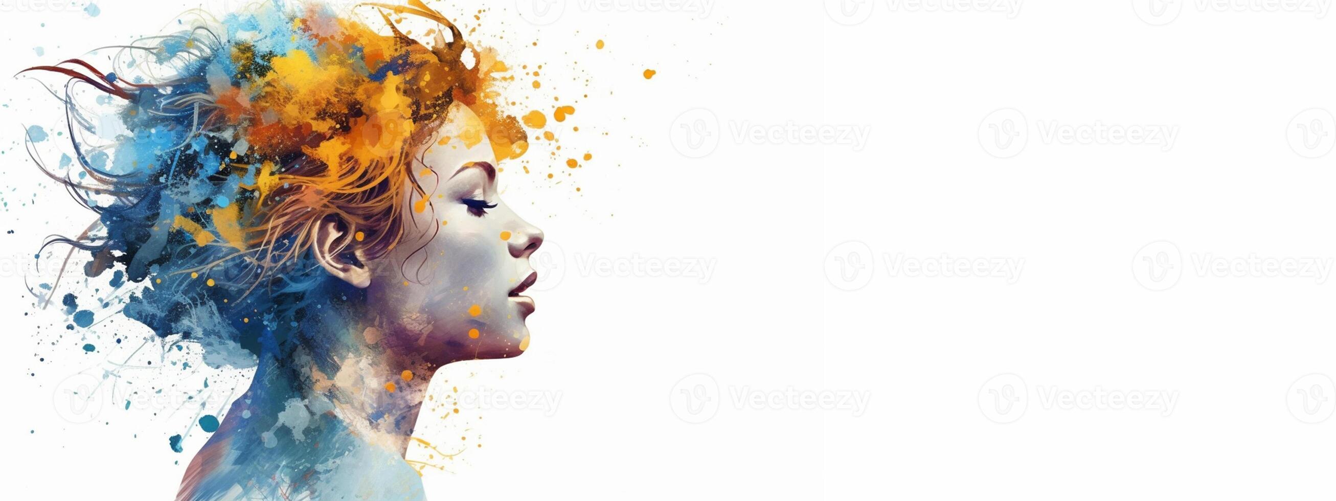 Mental health and creative abstract concept. Colorful illustration of female head paint splatter style. Mindfulness and self care idea. Banner. Copy space. . photo