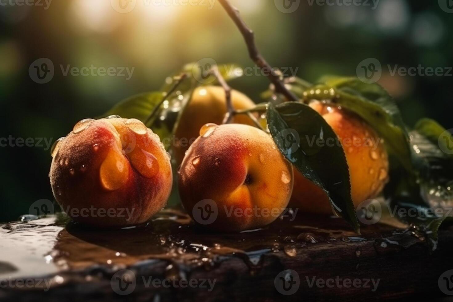 Fresh peaches with rain drops of water. Natural Fruit growing on a tree in the summer. Ripened peaches jn wooden table outdoor. Copy space. . photo