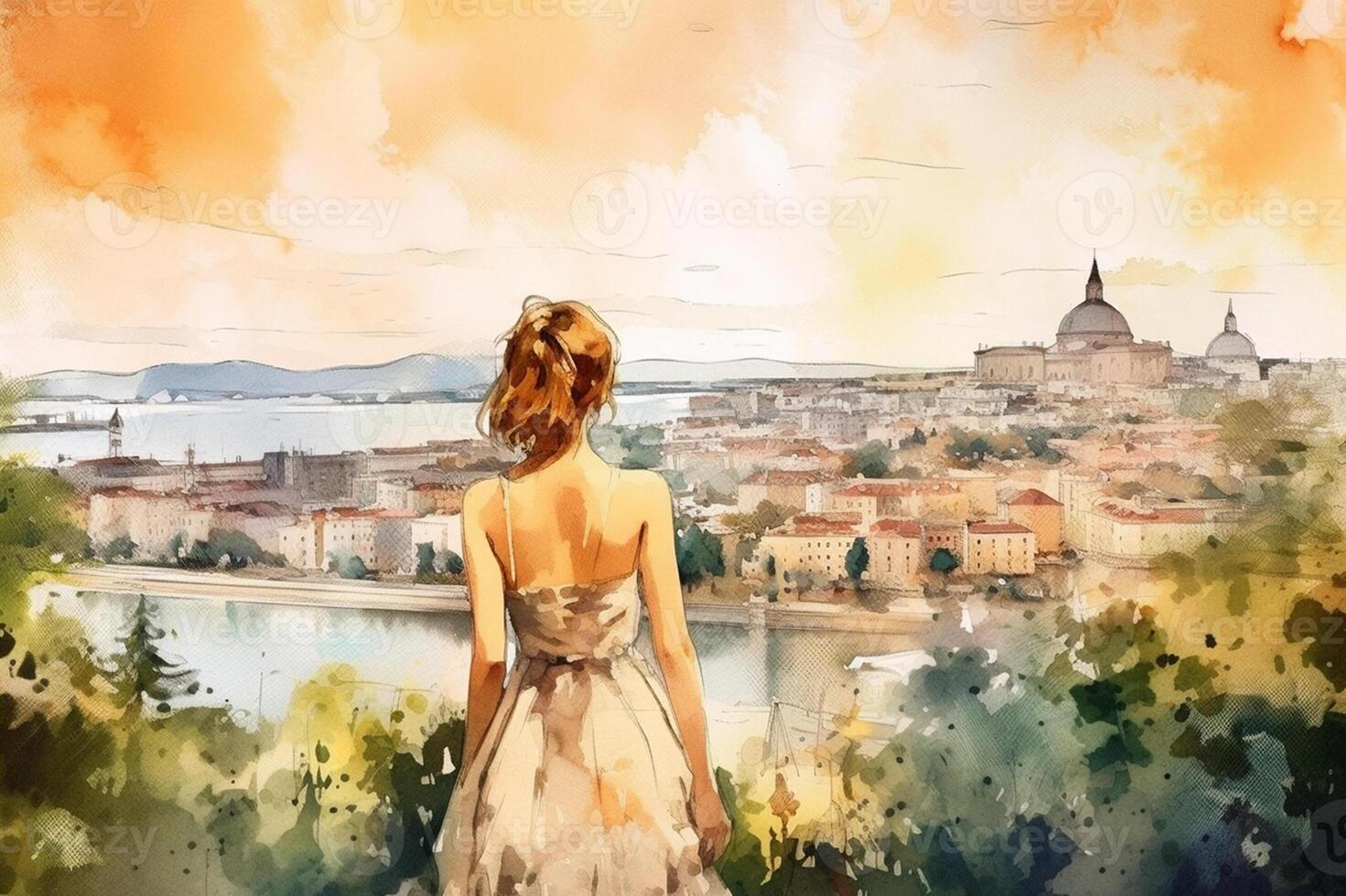 Illustration in a watercolor style. Beautiful girl in dress looking down at beautiful town. Viewed from behind. Travel and relax. . photo