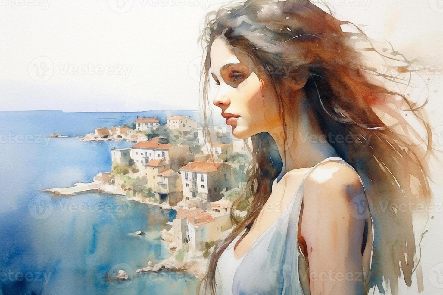 Illustration in a watercolor style. Beautiful girl in the dress looking down at beautiful sea town from viewing platform. Profile view. Travel and relax. . photo