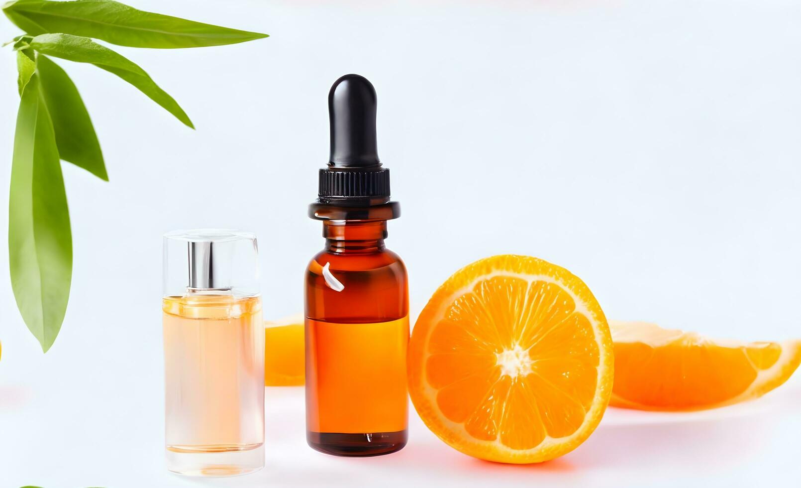 Serum oil vitamin C pipette and drops on white background copy space skin care beauty product. AI Generative photo