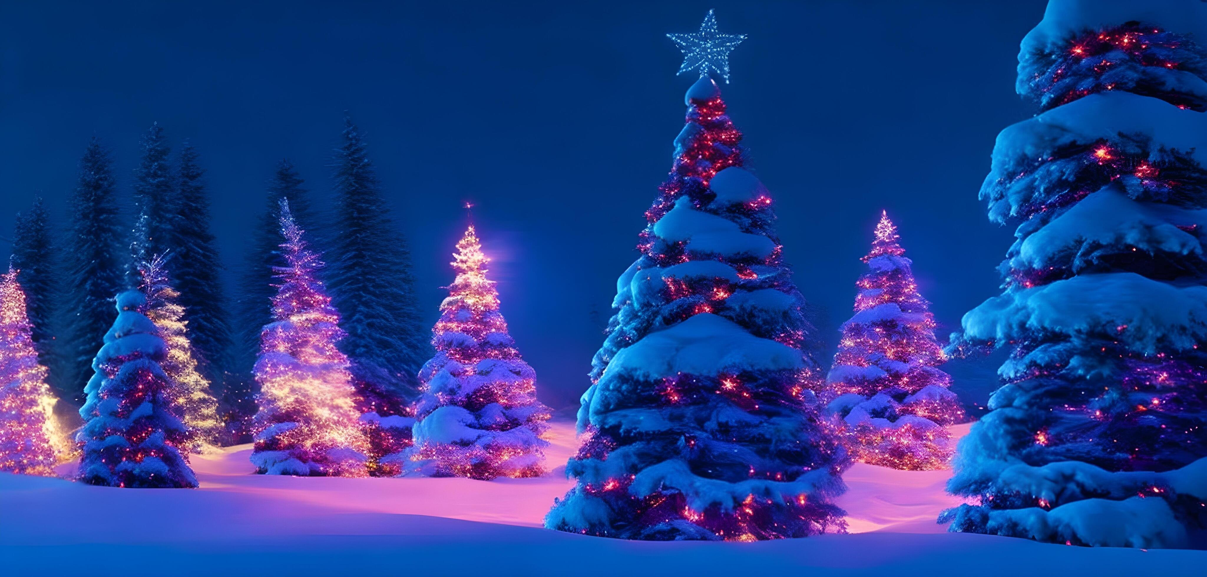 Glowing Christmas trees as panorama background. Glowing Christmas trees
