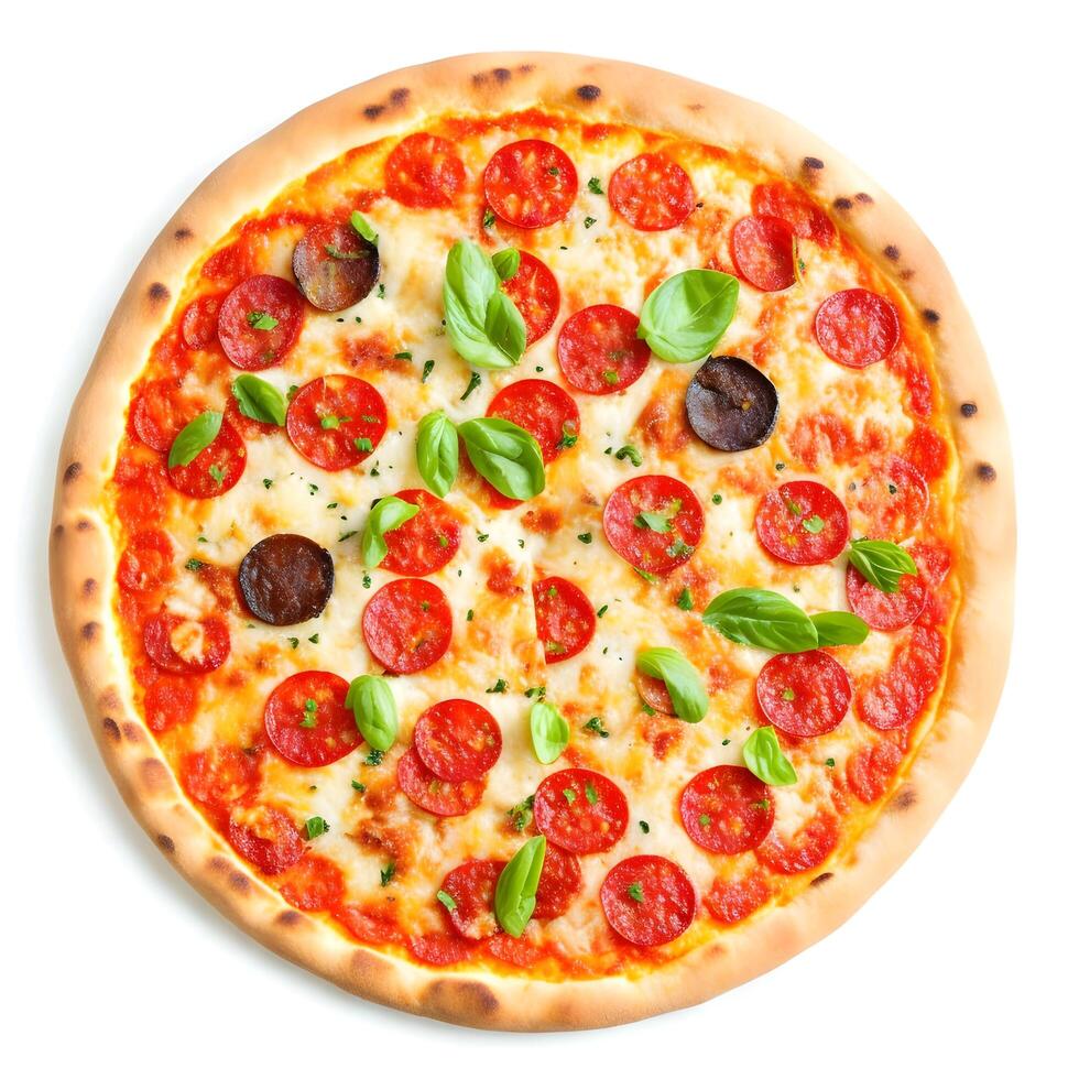 Tasty top view pizza italian traditional round pizza. white background. AI Generative photo