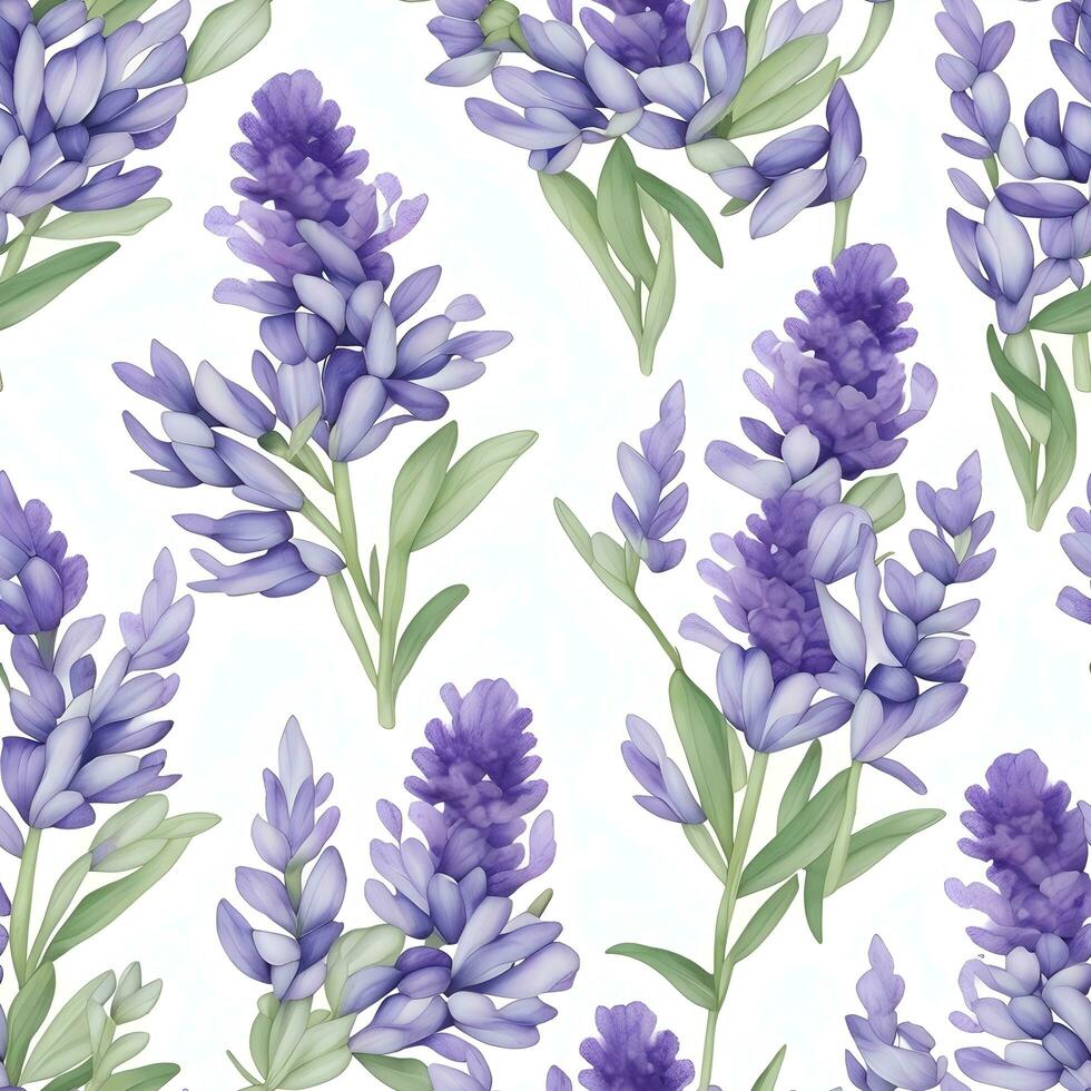 Seamless pattern, lavender flowers in a style of watercolor on a white background. AI Generative photo