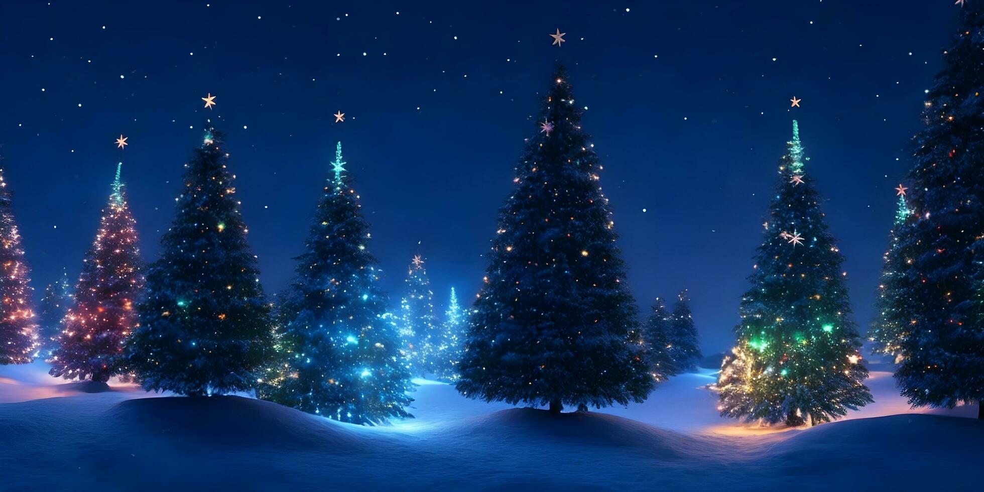 Glowing Christmas trees as panorama background. Glowing Christmas trees background. AI Generative photo