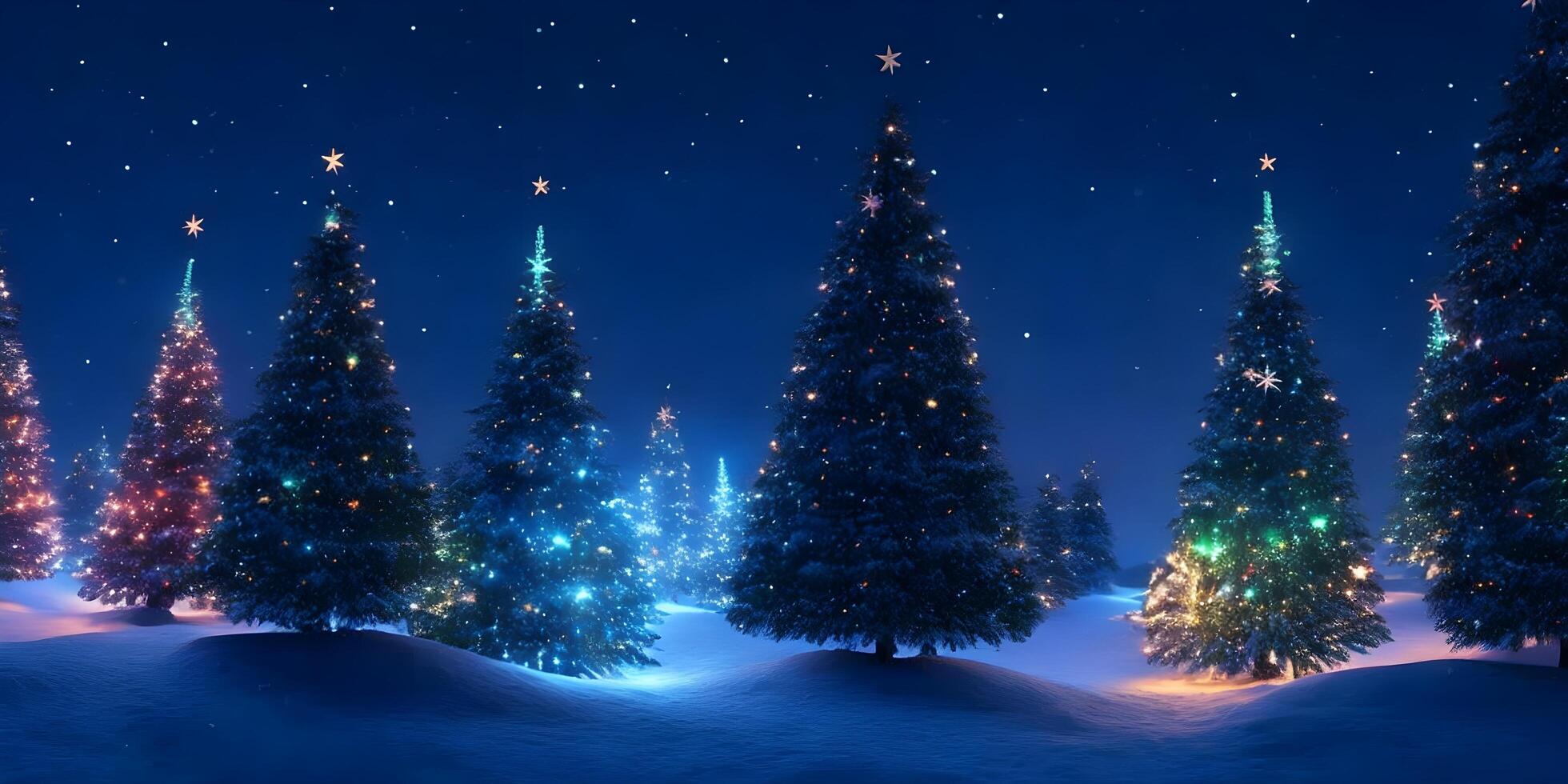 Glowing Christmas trees as panorama background. Glowing Christmas trees