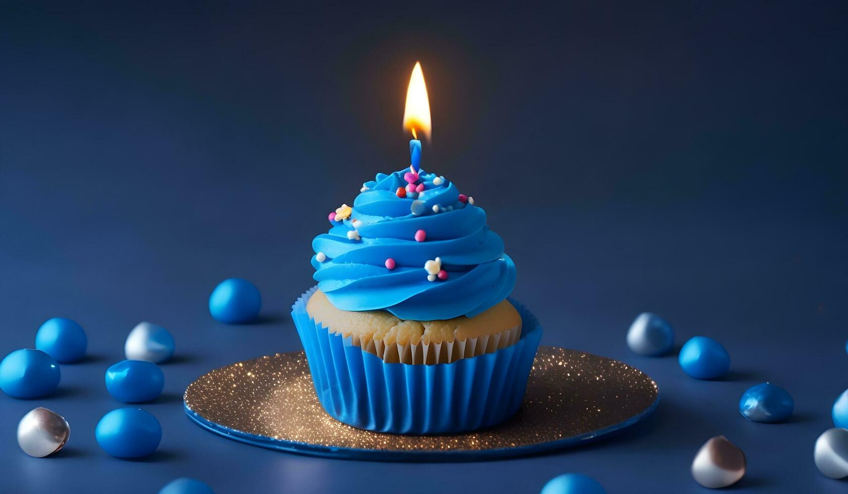 Birthday - Cupcake With Candle And Blue Decoration. AI Generative photo