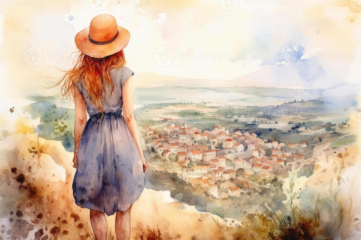 Illustration in a watercolor style. Beautiful girl in dress and hat looking down at beautiful village landscape from the hill. Viewed from behind. Travel and relax. . photo