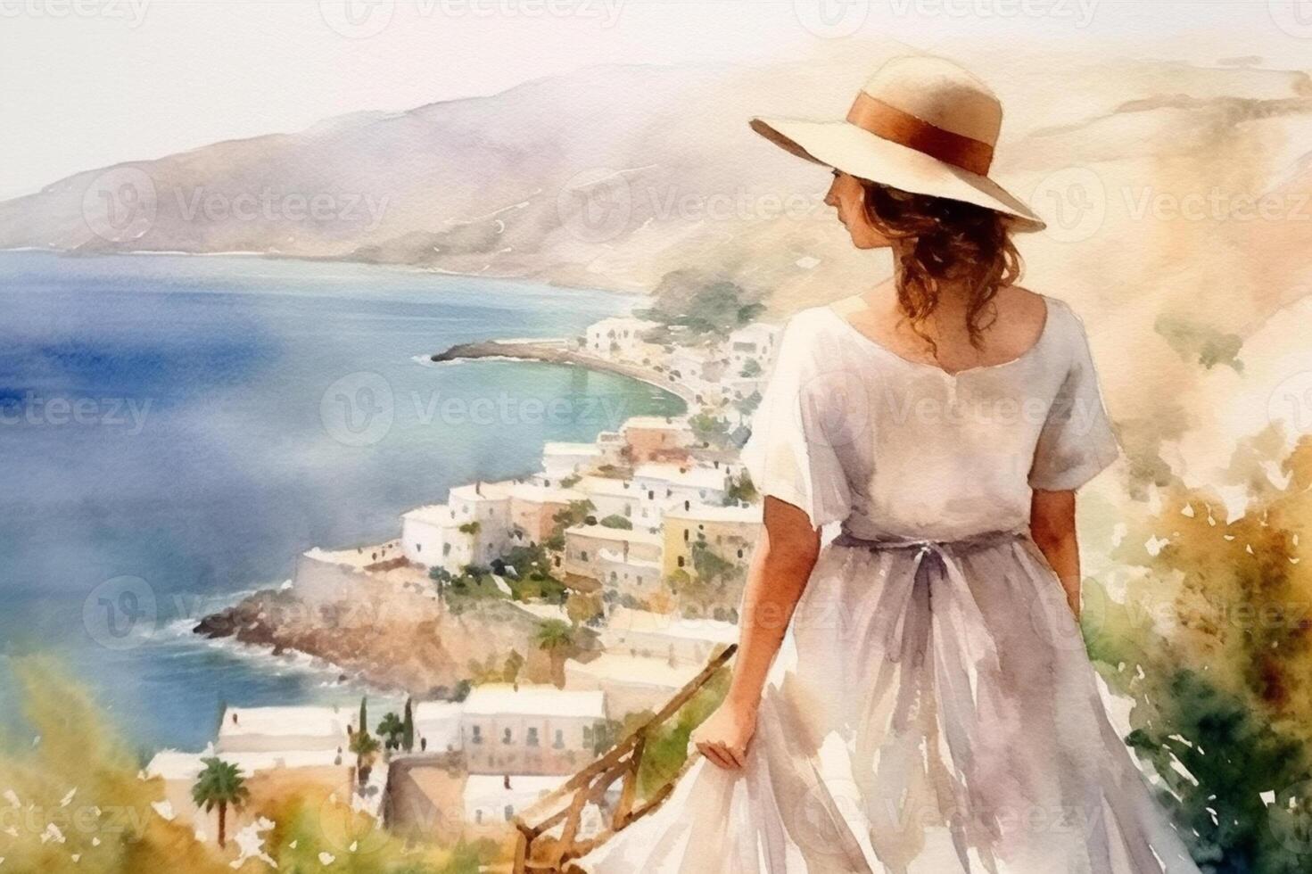 Illustration in a watercolor style. Beautiful girl in dress and hat looking down at beautiful sea town from viewing platform. Viewed from behind. Travel and relax. . photo