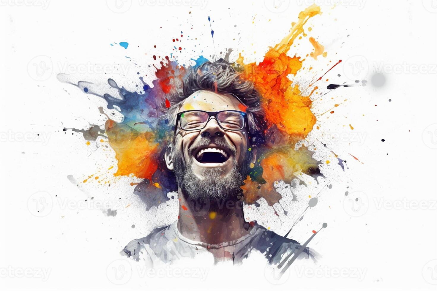 Mental health, happiness, creative abstract concept. Colorful illustration of male head, paint splatter style. Mindfulness, positive thinking, self care idea. Banner white background. . photo