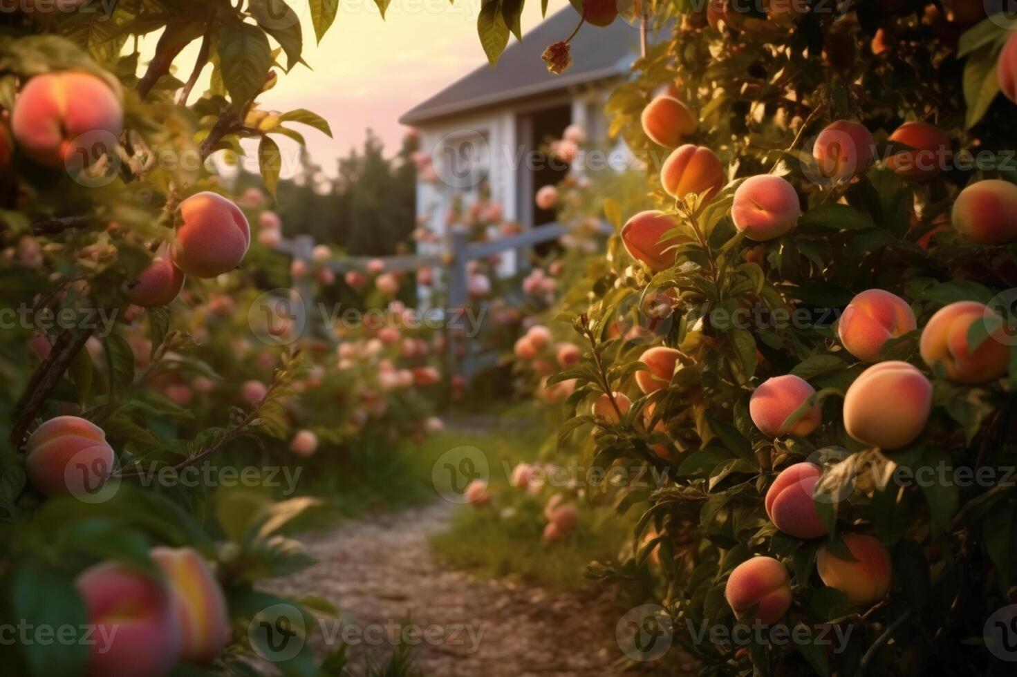 Peaches growing on a tree in the summer on village background. Garden with ripened fruits, sunset light. Delicious and healthy organic nutrition. Natural Fruit. Copy space. . photo