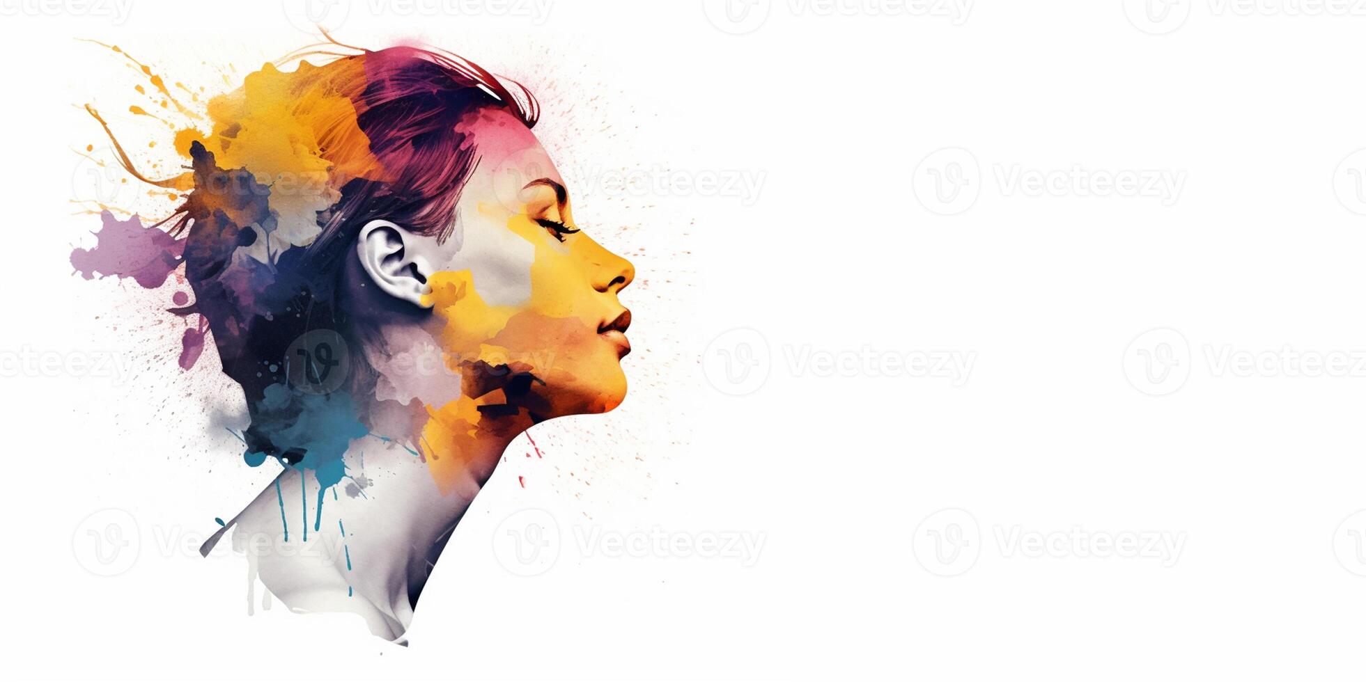 Mental health and creative abstract concept. Colorful illustration of female head paint splatter style. Mindfulness and self care idea. Banner. Copy space. . photo