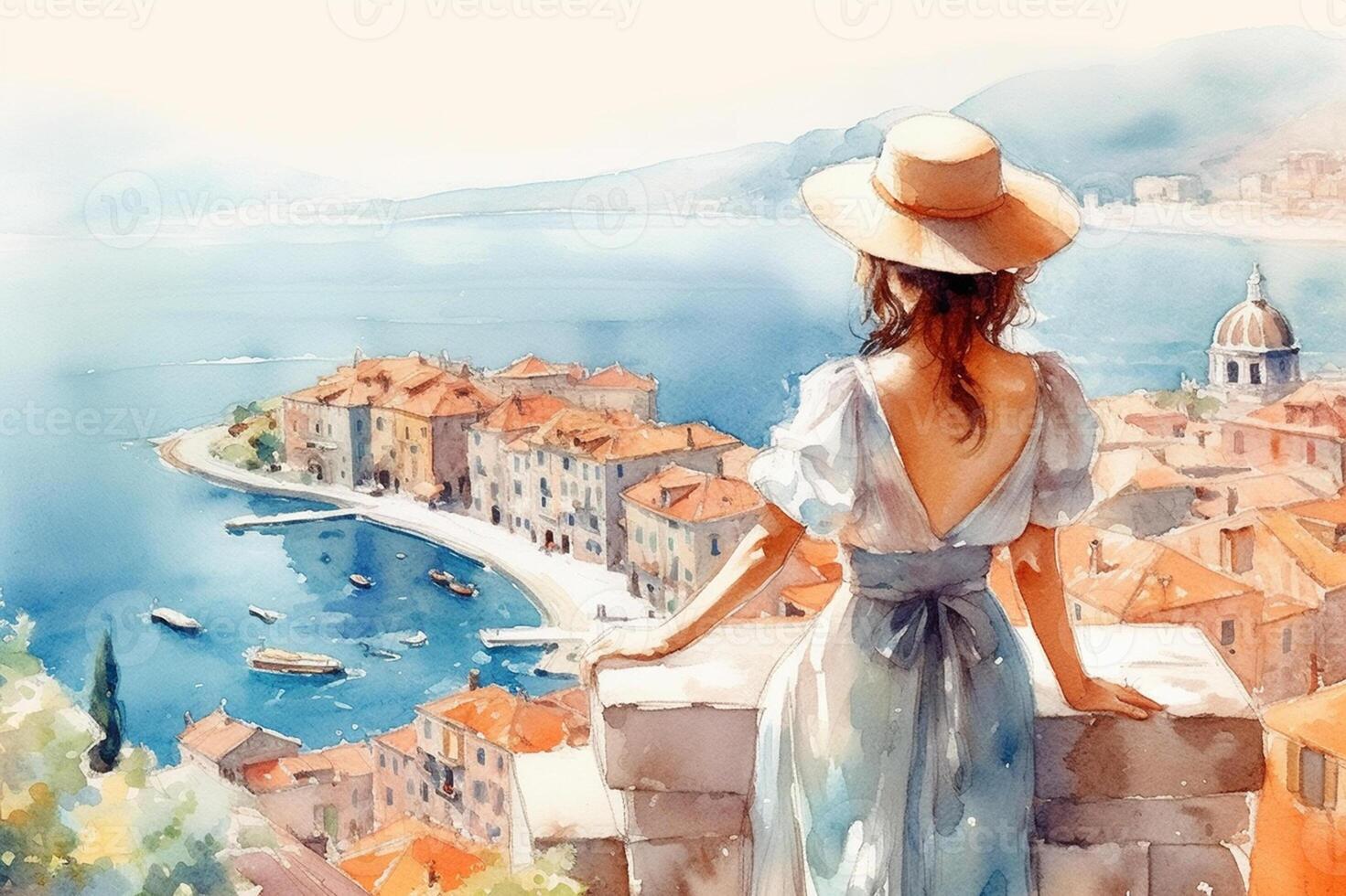 Illustration in a watercolor style. Beautiful girl in dress and hat looking down at beautiful sea town from viewing platform. Viewed from behind. Travel and relax. . photo