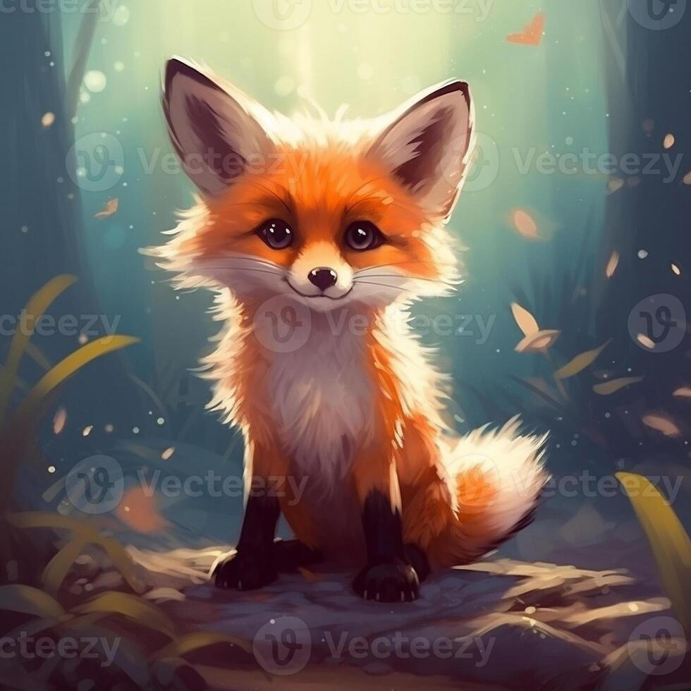 Cute small fox sitting in magic forest in night. Flowers and lights at background. Kids book, cartoon, fairy tale style. Generative AI photo