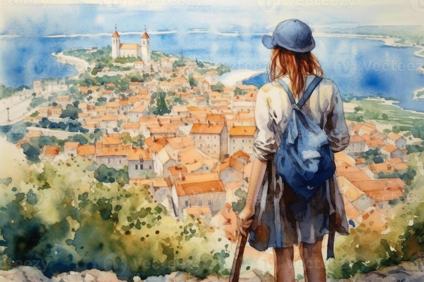 Illustration in a watercolor style. Travelling girl with backpage and cap looking down at beautiful town from viewing platform. Viewed from behind. . photo