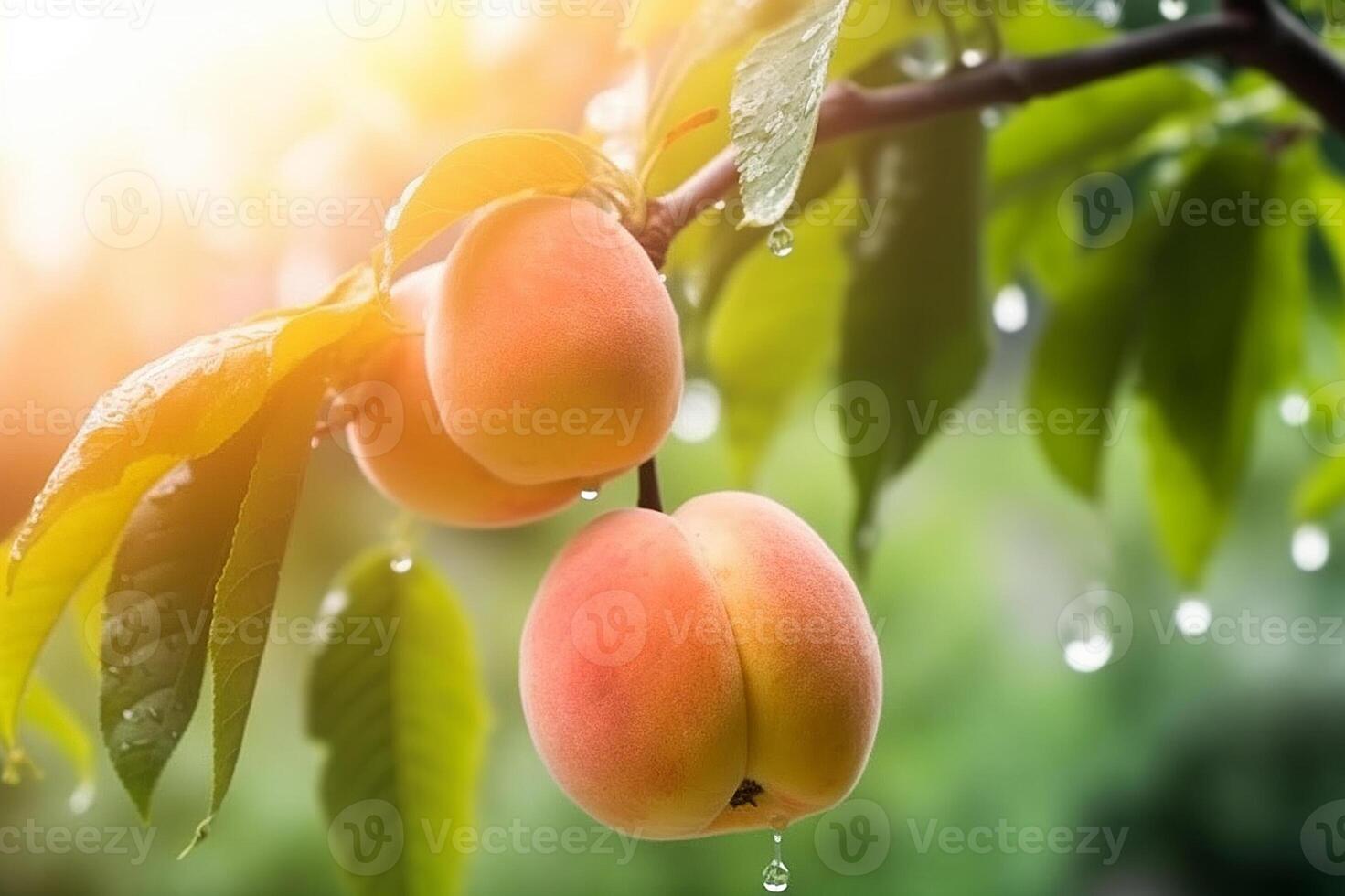 Fresh peaches wih drops of water. Natural Fruit growing on a tree in the summer. Garden with ripened fruits on sunset light. Delicious and healthy organic nutrition. Copy space. . photo