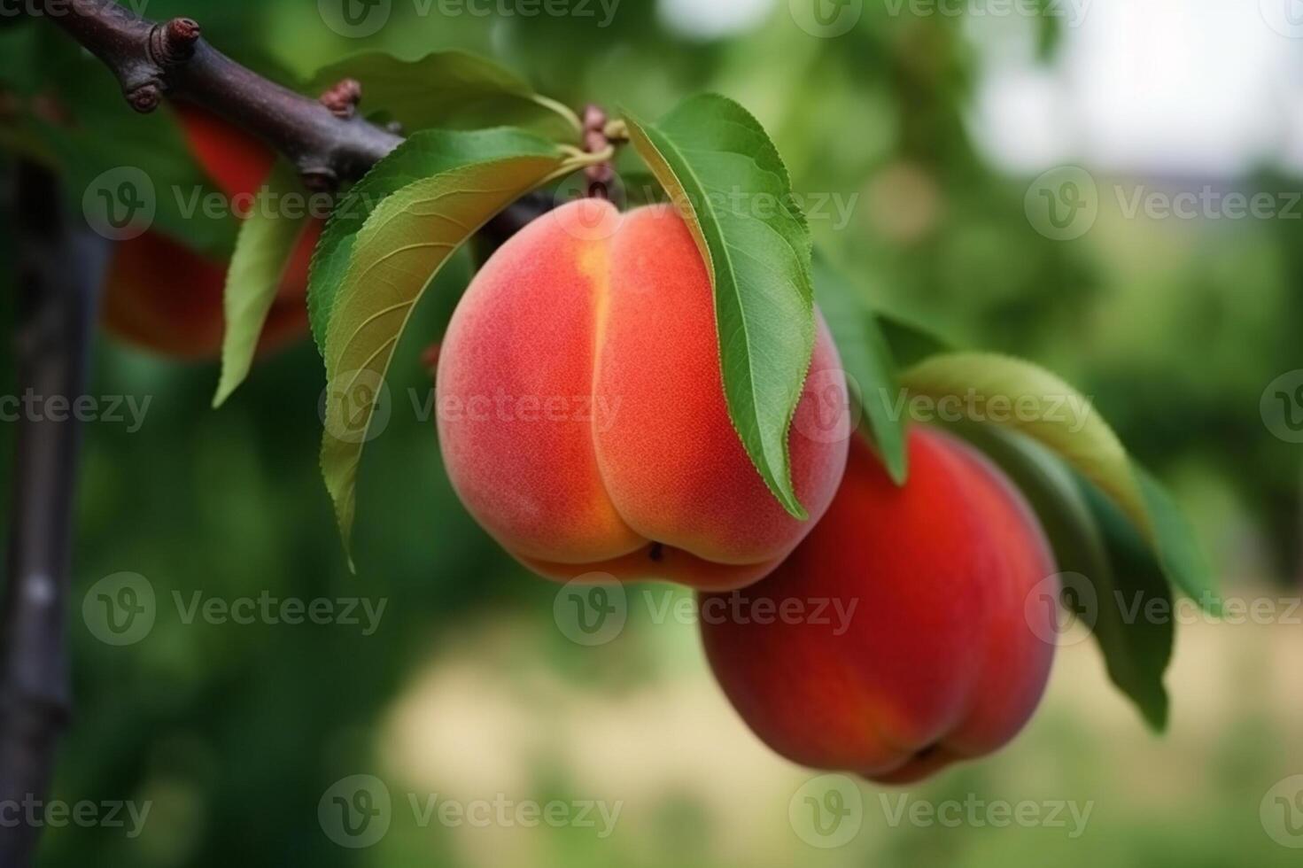 Natural Fruit. Peaches growing on a tree in the summer. Fresh peaches on tree branches. Delicious and healthy organic nutrition. Garden with ripened fruits. Copy space. . photo