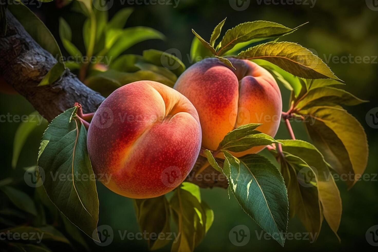 Natural Fruit. Peaches growing on a tree in the summer. Fresh peaches close up on tree branches. Delicious and healthy organic nutrition. Garden with ripened fruits. . photo