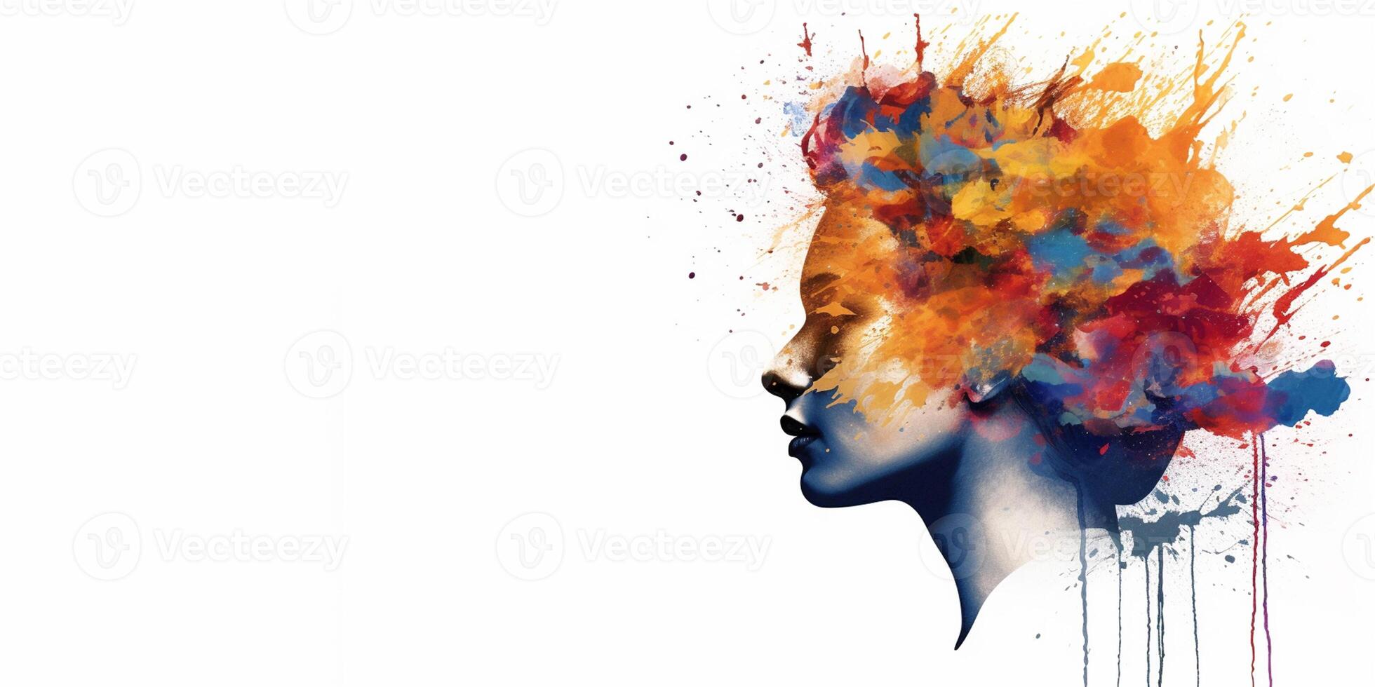 Mental health and creative abstract concept. Colorful illustration of female head paint splatter style. Mindfulness and self care idea. Banner. Copy space. . photo