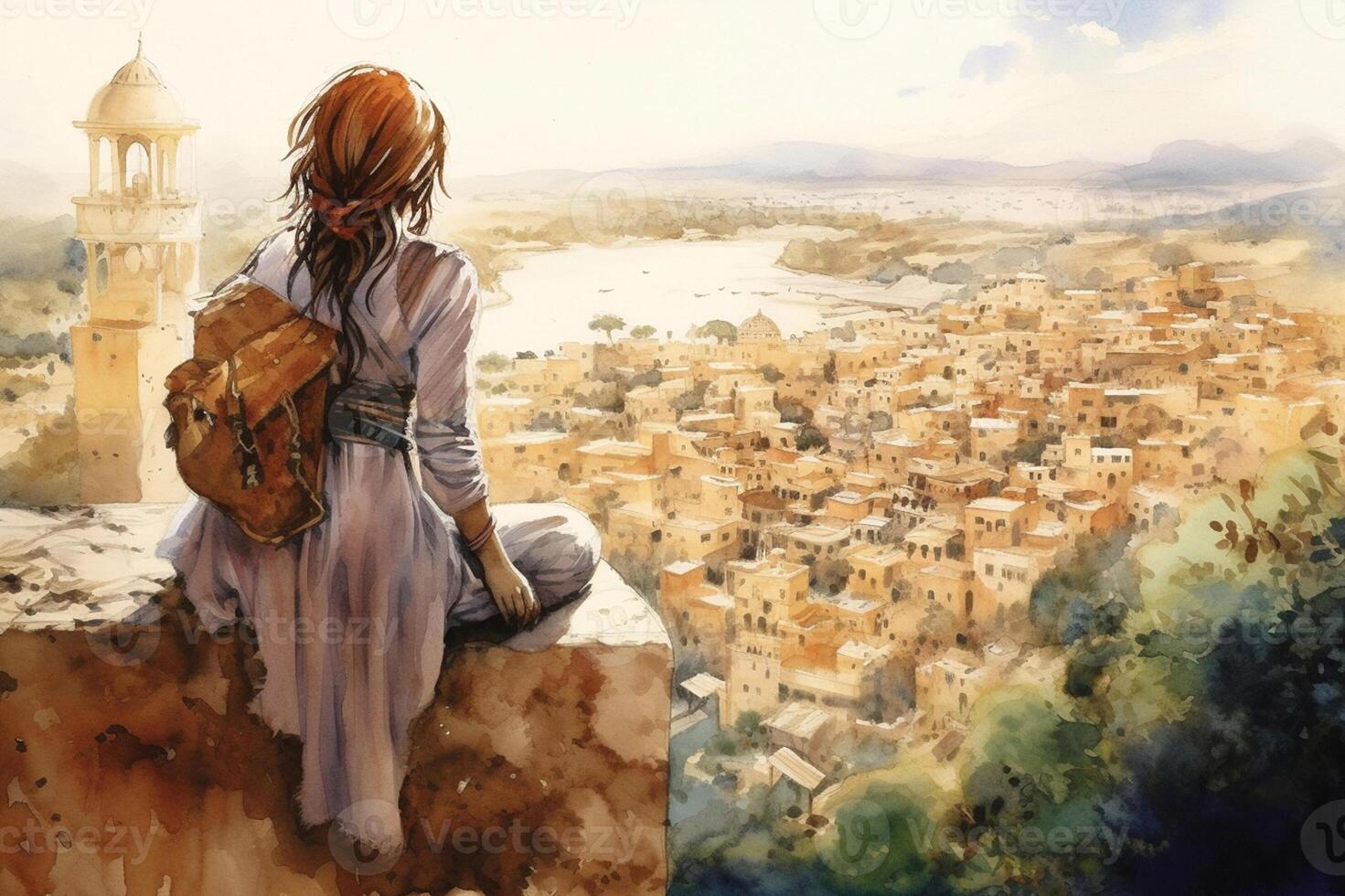 Illustration in a watercolor style. Travelling girl looking down at beautiful town from viewing platform. Viewed from behind. . photo