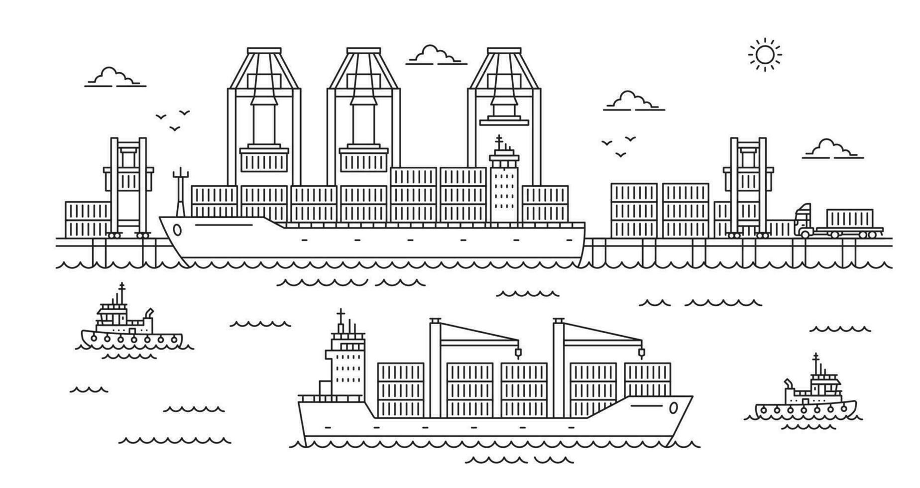 Seaport landscape, shipment hub outline background vector