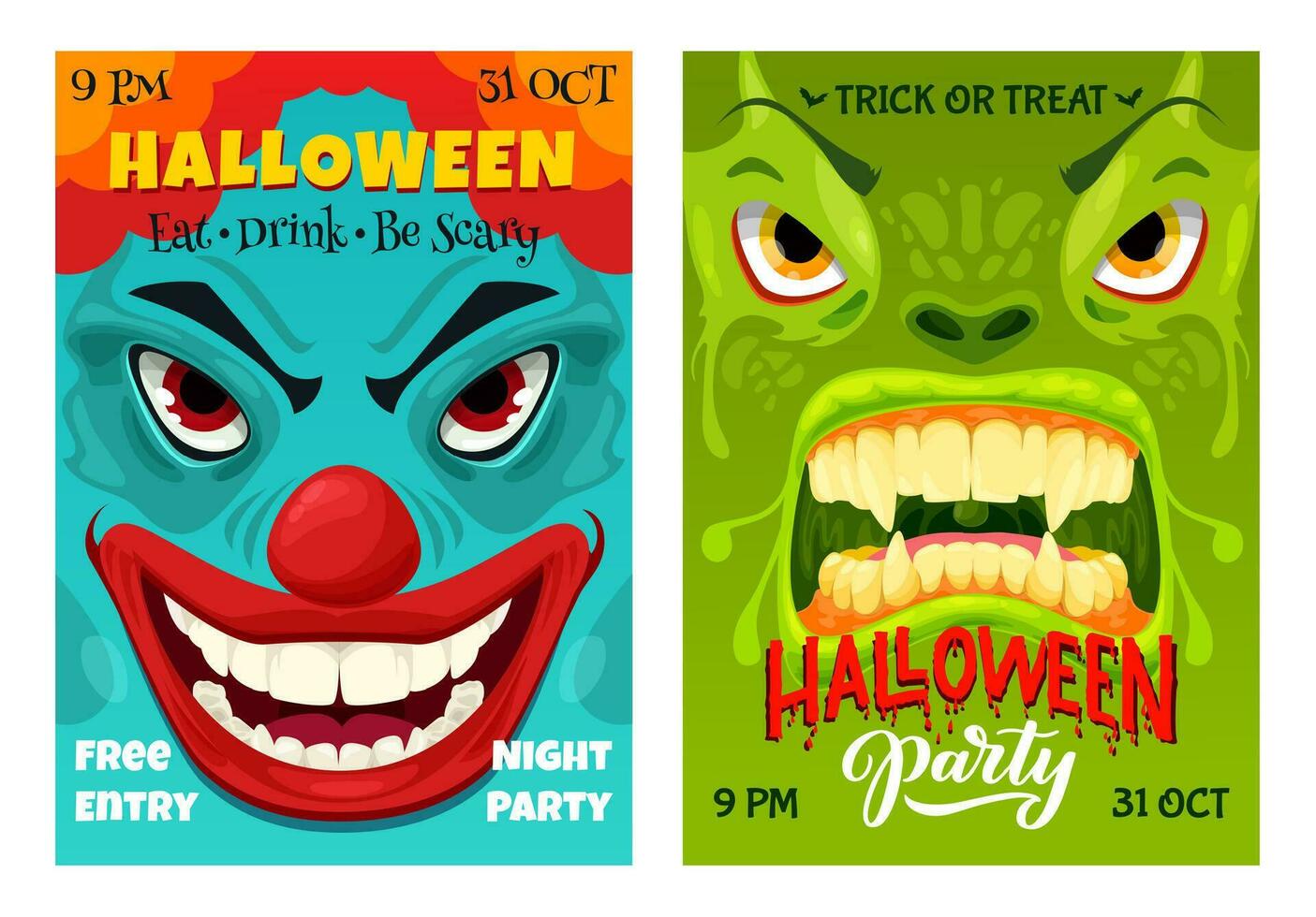 Halloween party flyer, cartoon monster characters vector