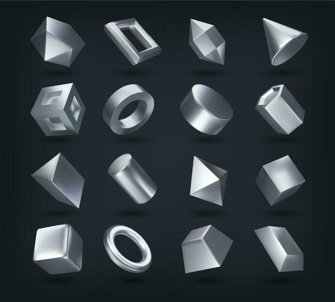 Realistic 3d silver math geometric shapes set vector