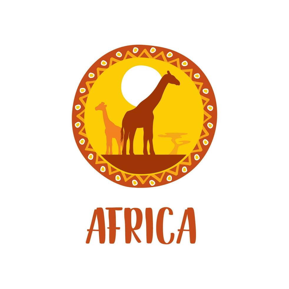 Africa icon, african safari giraffes, tree and sun vector