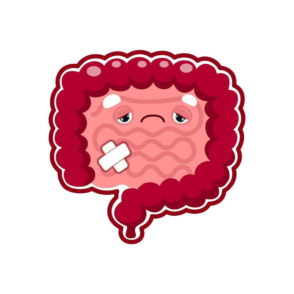 Cartoon sick intestines organ character, unhealthy vector