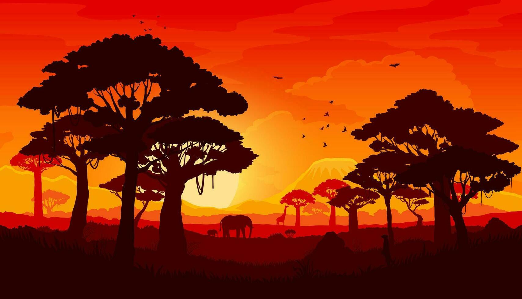 africano sabana puesta de sol paisaje silueta vector