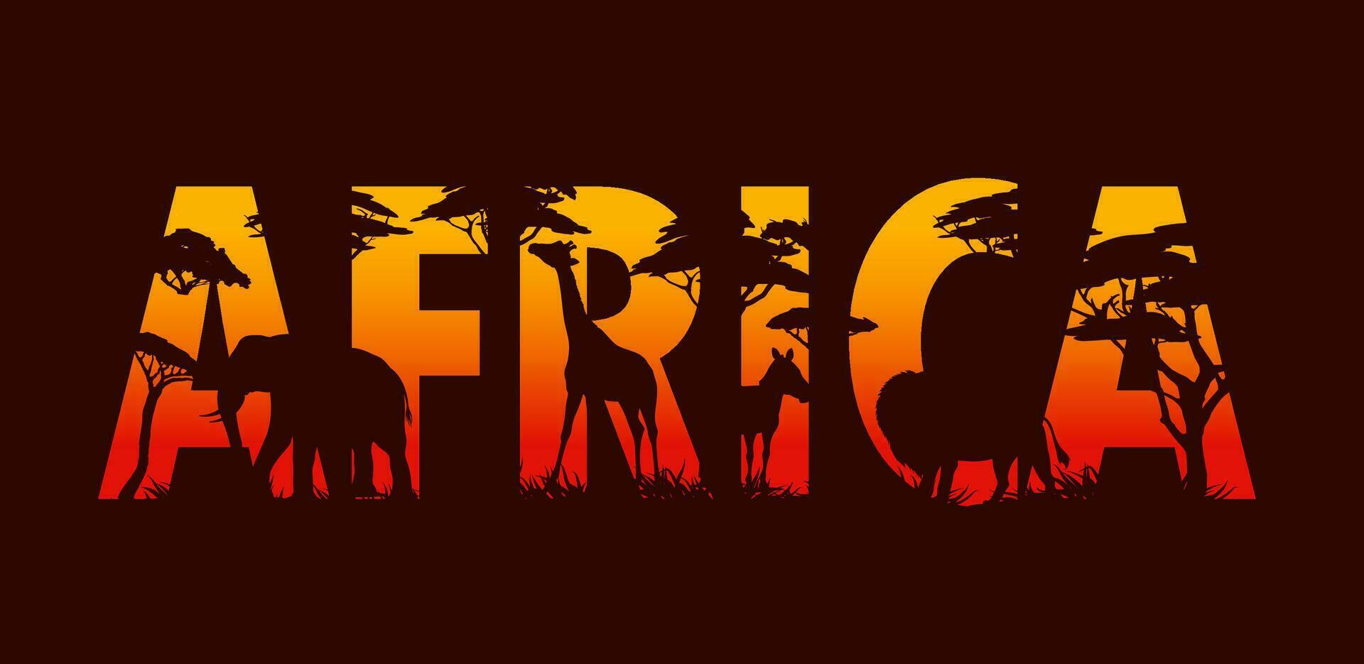 Africa safari animal silhouettes, sunset landscape vector