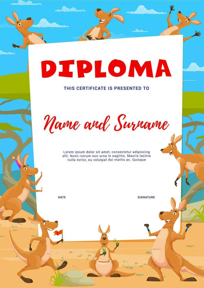 niños diploma, dibujos animados contento canguro caracteres vector